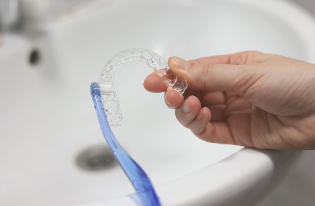 A close-up image of someone gently brushing their Invisalign aligners with a soft-bristle toothbrush.