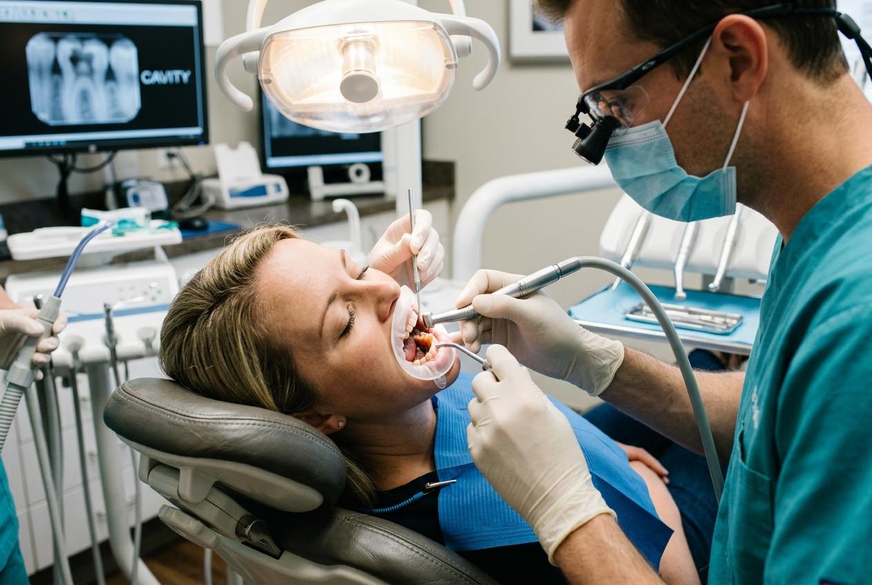 Dentist using a drill and tool on a reclined female patient's open mouth in a dental chair, with X-rays displayed on a monitor behind them.