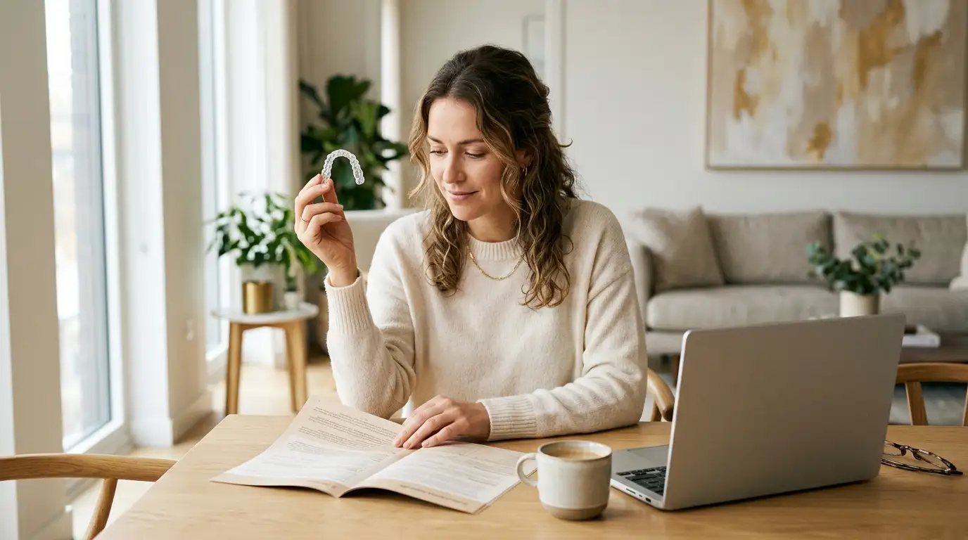 Adult at a home table holds a clear dental aligner while reading a booklet, with a laptop and coffee mug nearby in a bright living room.
