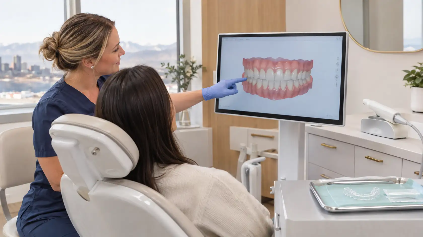 Smiling dentist points to a 3D model of teeth on a screen for a patient.