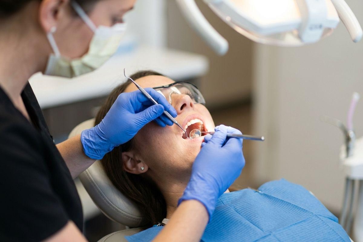 Dentist in mask and gloves examines a reclining patient's teeth with a mirror and probe in a dental chair; patient wears safety glasses and a blue bib.