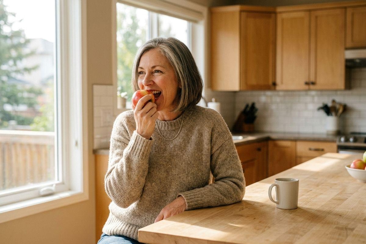 Smiling gray-haired adult in a sweater bites an apple at a sunny kitchen island by a window, with a white mug and bowl of apples nearby.